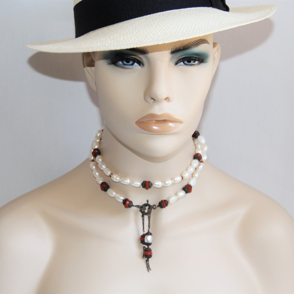 Baroque Pearl & Faceted Red Jasper Brass Necklace